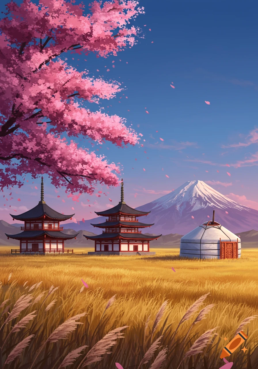 An anime illustration depicts two Japanese pagodas and a yurt in a golden field with cherry blossoms, a snow-capped mountain, and a blue sky.
