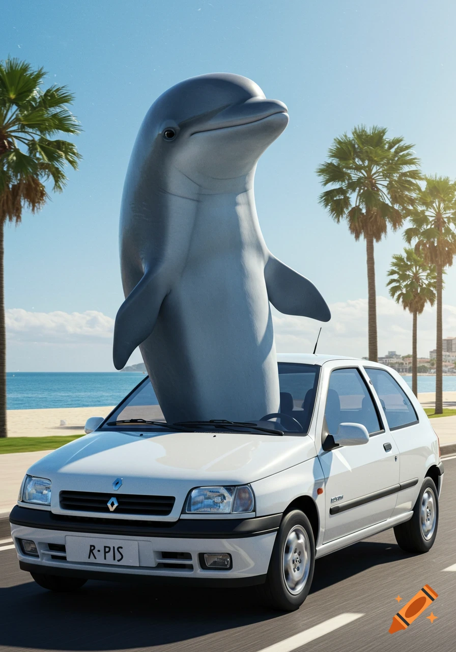 A photorealistic image of a large grey dolphin standing upright in a white car, driving along a coastal road with palm trees and ocean.