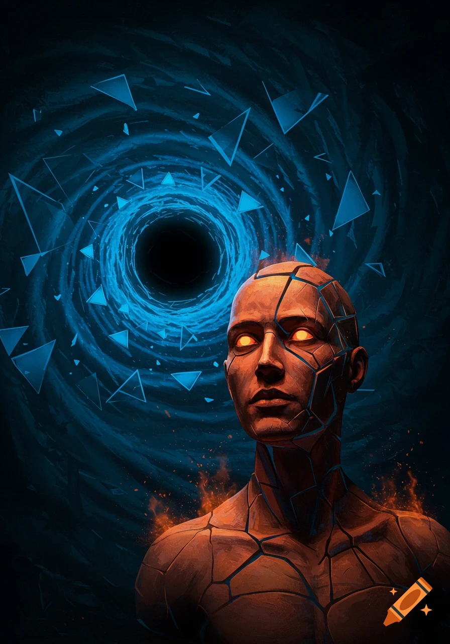 A cracked, orange-skinned humanoid with glowing eyes faces a blue vortex filled with geometric shards, in a dark, artistic style.