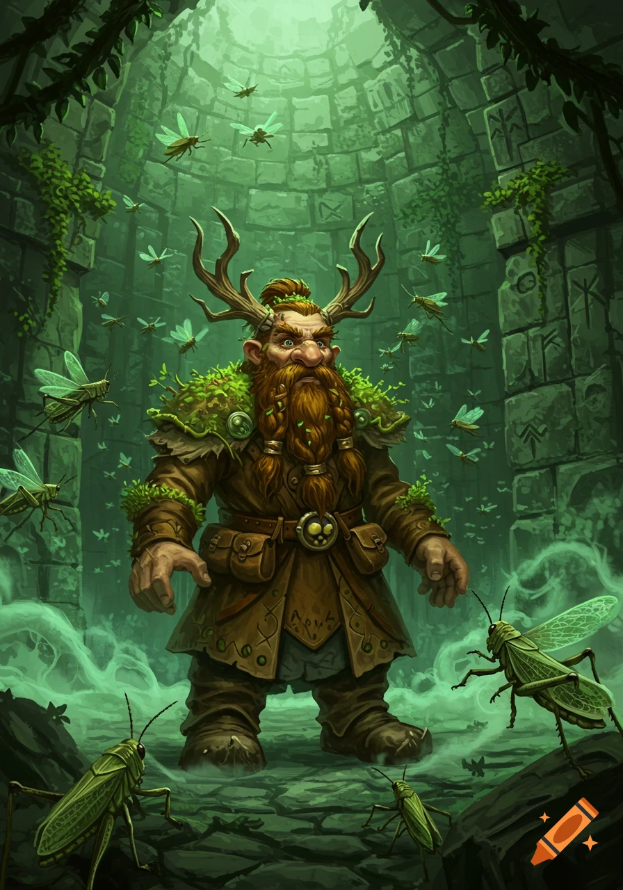 An illustrated druid dwarf with antlers and a long beard stands in a misty catacomb, surrounded by a swarm of green insects and grasshoppers.
