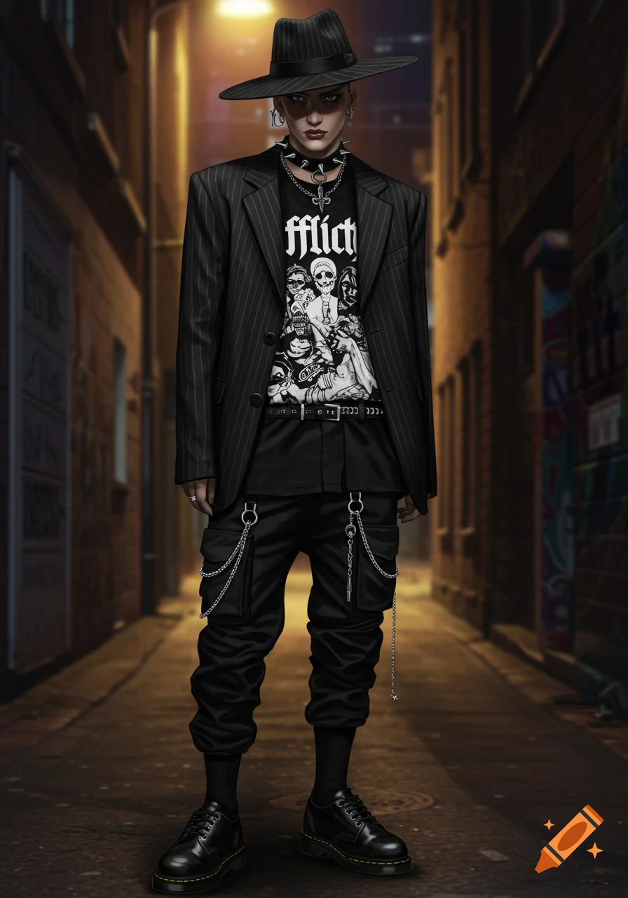 A person in a black pinstripe fedora, oversized blazer, graphic t-shirt, chained cargo pants, and Doc Martens stands in a dark alley.