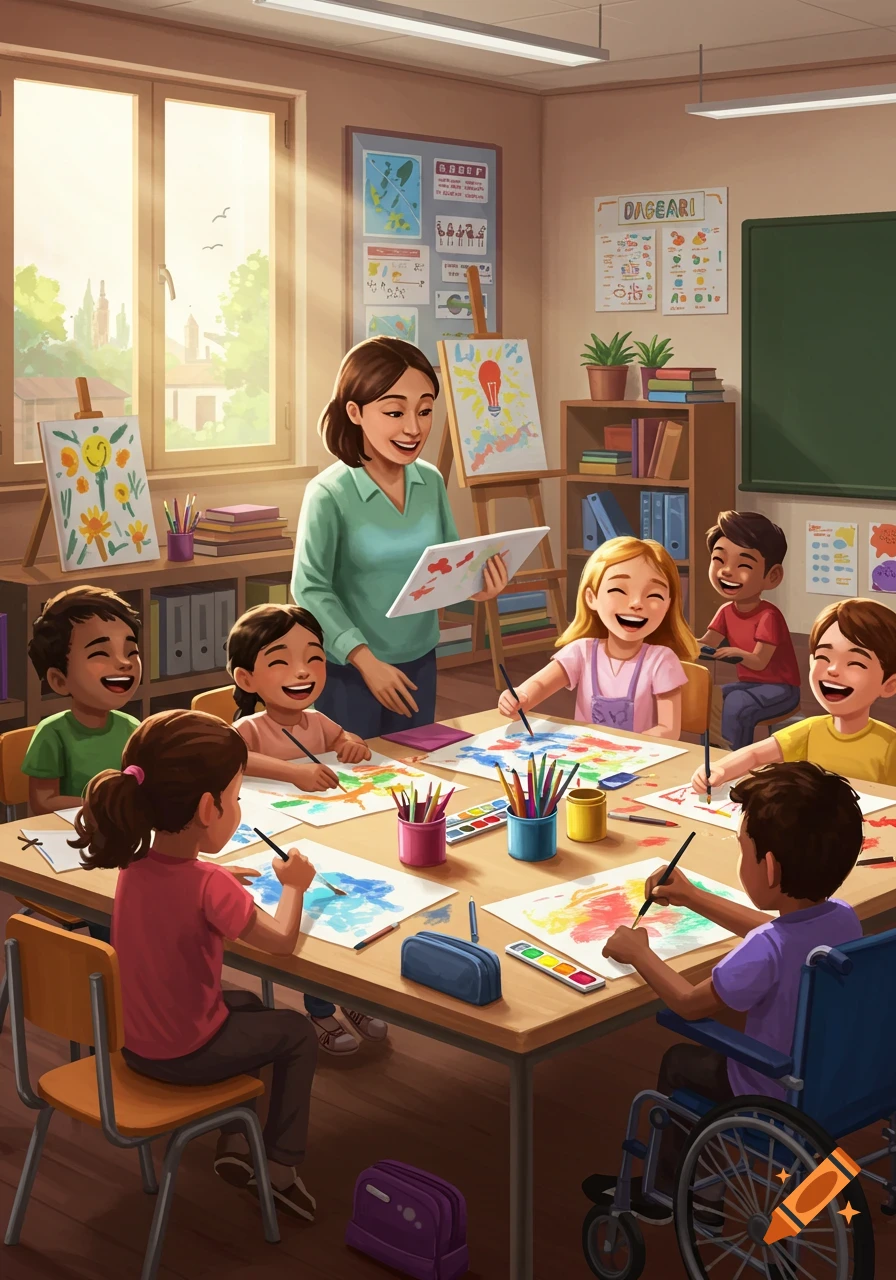 Vibrant illustration of a teacher and diverse children happily painting in a sunlit classroom, including a child in a wheelchair.