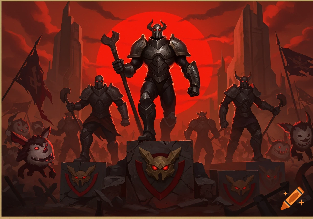 Armored warriors and goblin creatures stand on pedestals and flags under a red sky and sun, in a stylized fantasy illustration.