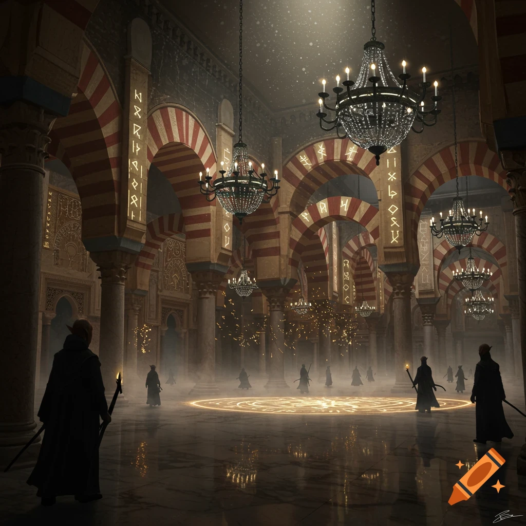 A grand, fantasy hall inspired by the Mosque-Cathedral of Cordoba, with glowing runic arches, chandeliers, mist, and robed figures performing a ritual.