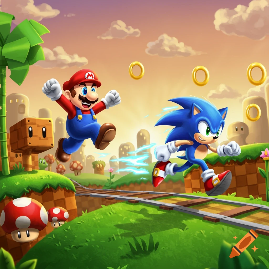 Cartoon Mario jumps as Sonic runs on a track, collecting golden rings in a vibrant video game landscape with mushrooms and blocks.