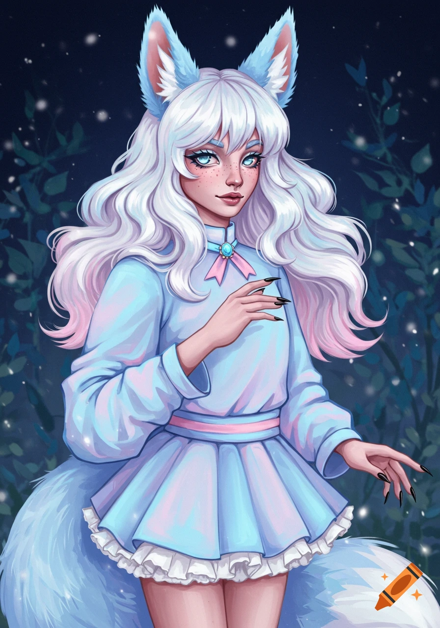 A pastel fantasy illustration of a non-binary character with white and pink hair, light blue fox ears and tail, wearing a light blue and pink dress.