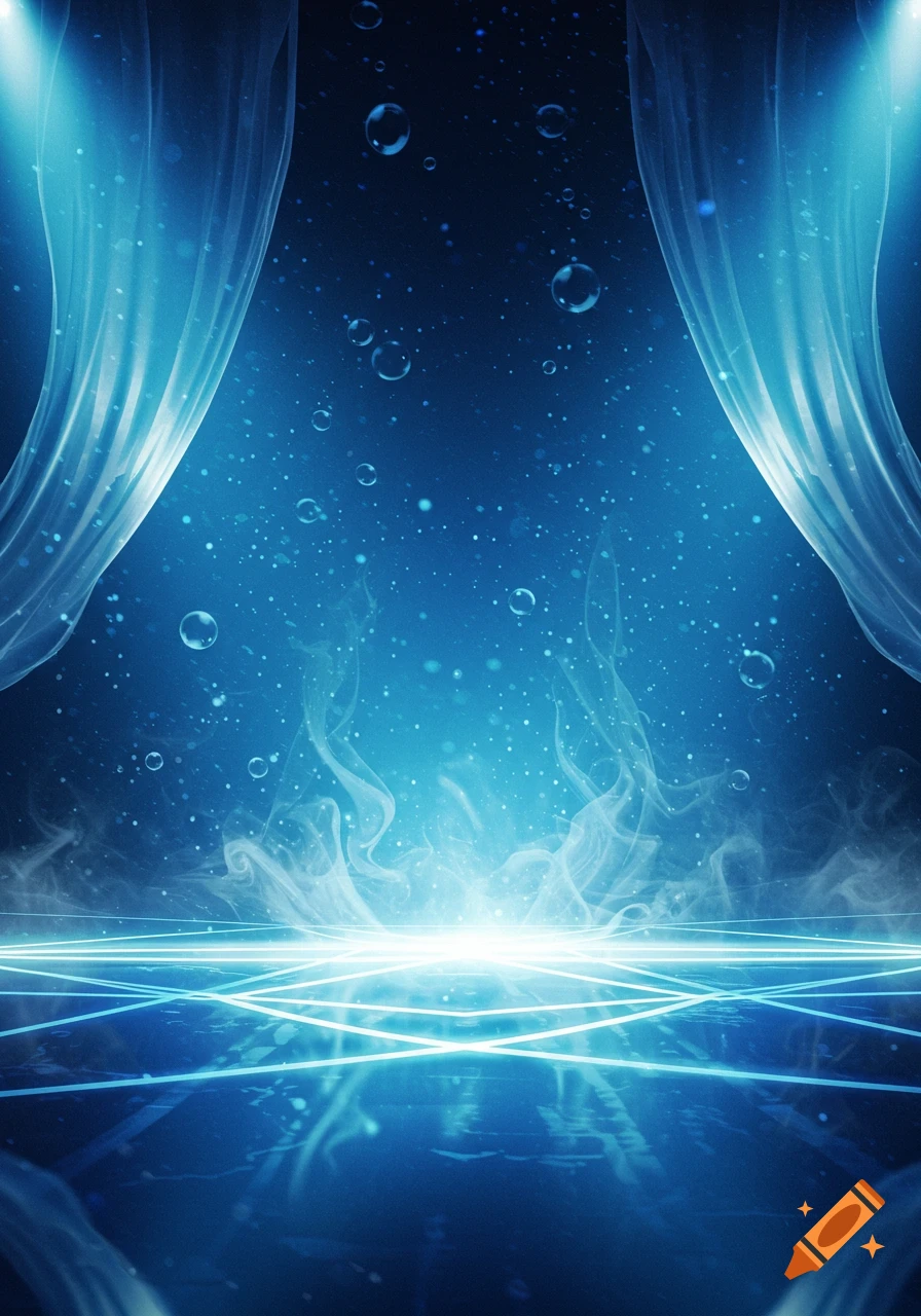 Abstract blue stage with a central glowing light, wisps of smoke, floating bubbles, and reflective geometric patterns on the floor.