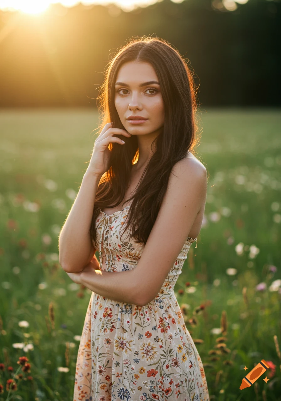 A beautiful brunette woman in a floral sundress, standing in a field of wildflowers at sunset, looking toward the camera.