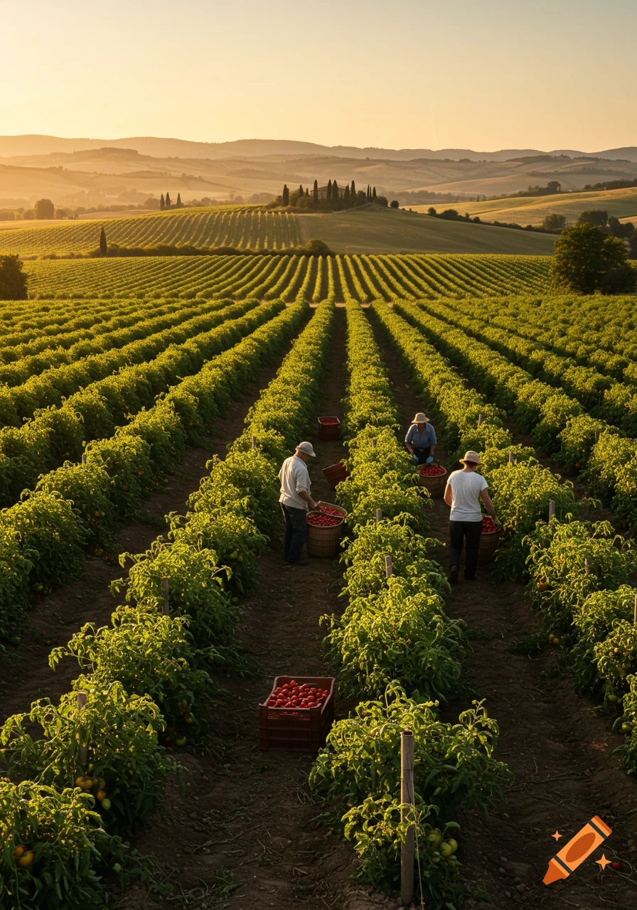 Farmers harvest red tomatoes in a vast, sunny field with distant Tuscan hills and a golden sky, photorealistic.