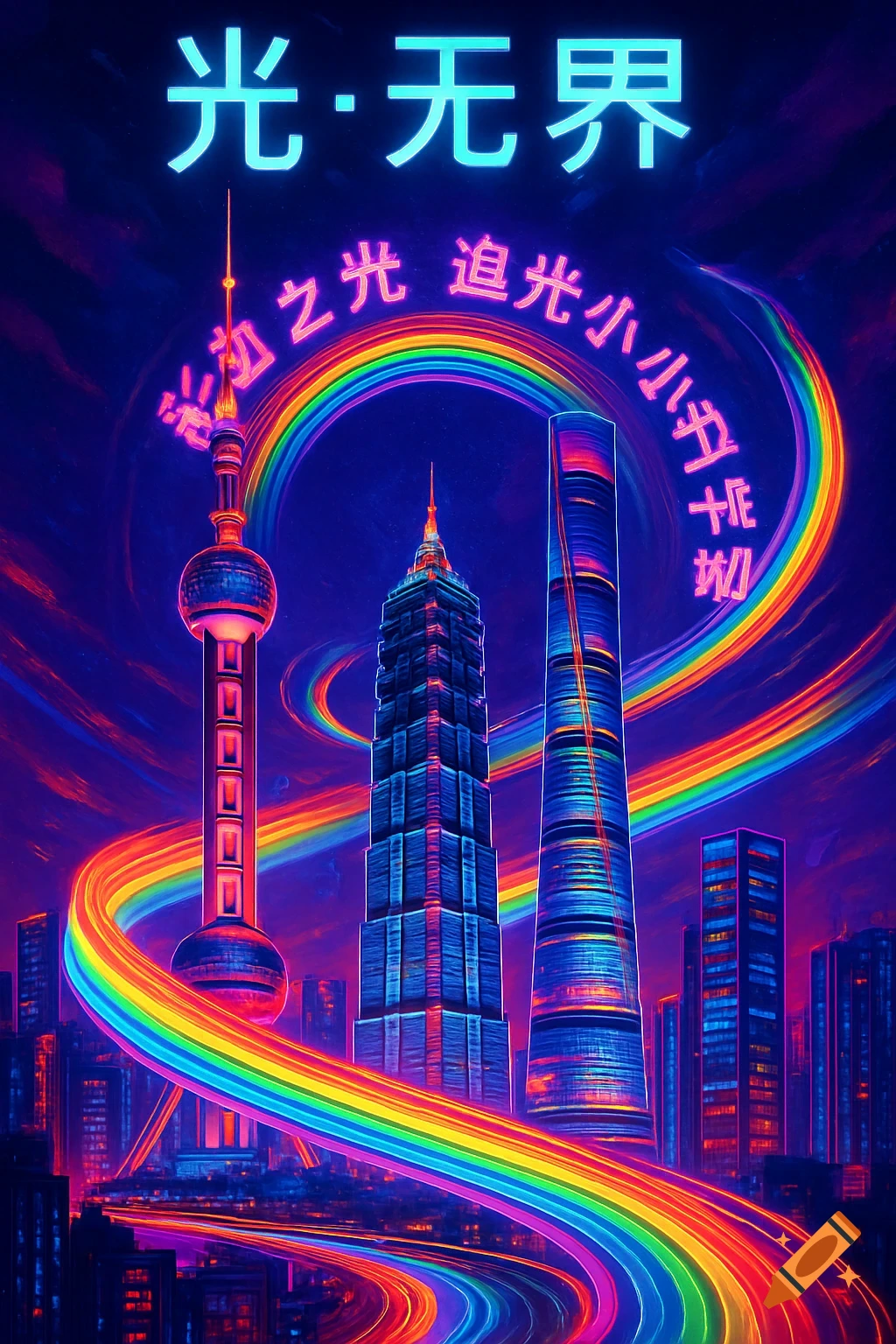 A vibrant cyberpunk cityscape of Shanghai with neon skyscrapers and rainbow light trails. Text reads 'Light Without Bounds' and 'Rainbow Light, Little Chasing Light Scientist'.