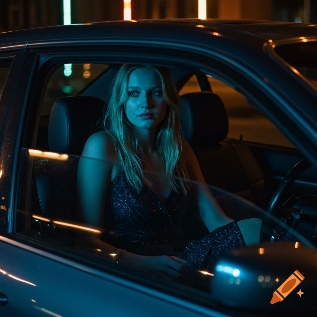 A blonde woman in an evening dress sits in a car at night, illuminated by blue and orange neon lights.