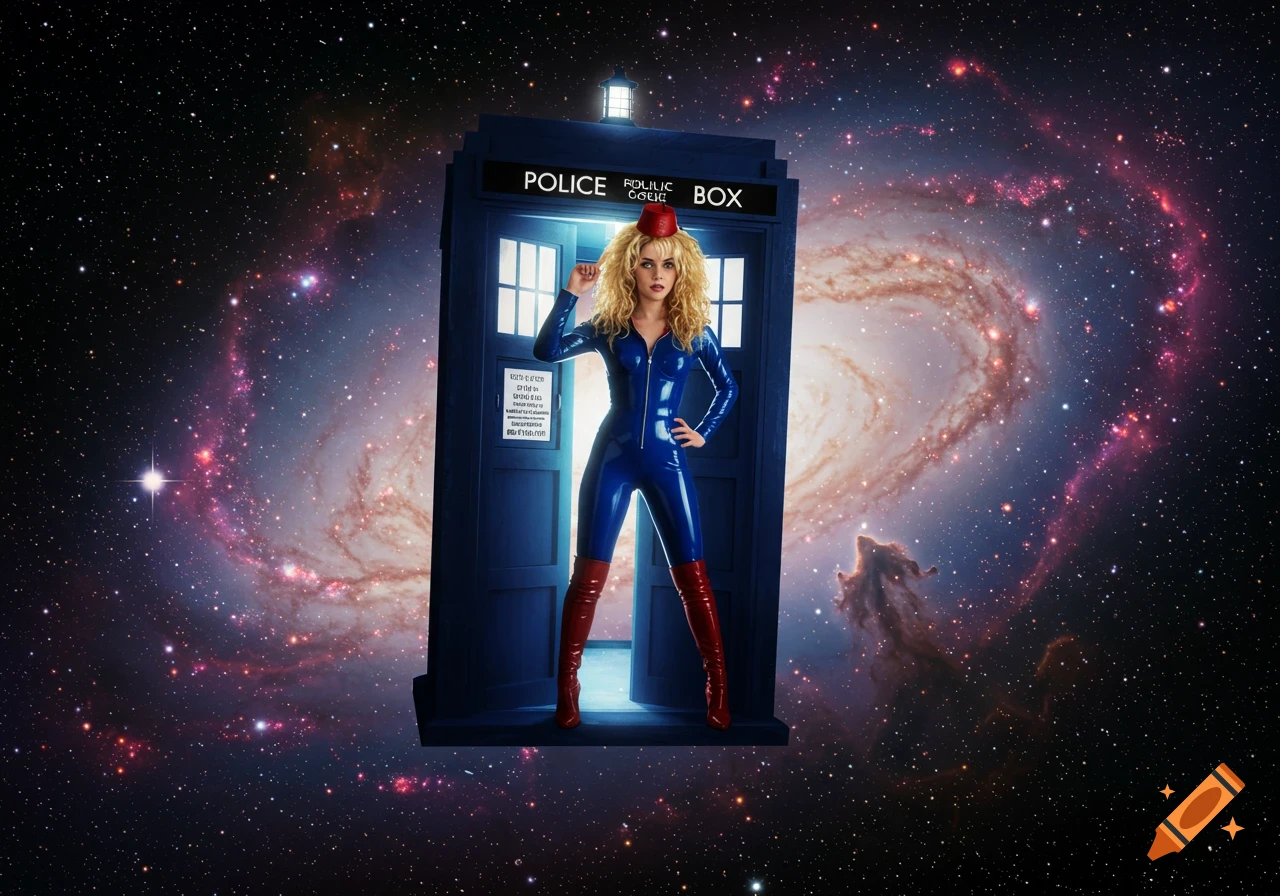 A woman in a blue latex suit and red boots stands in an open TARDIS against a galaxy backdrop in space, wearing a red fez.