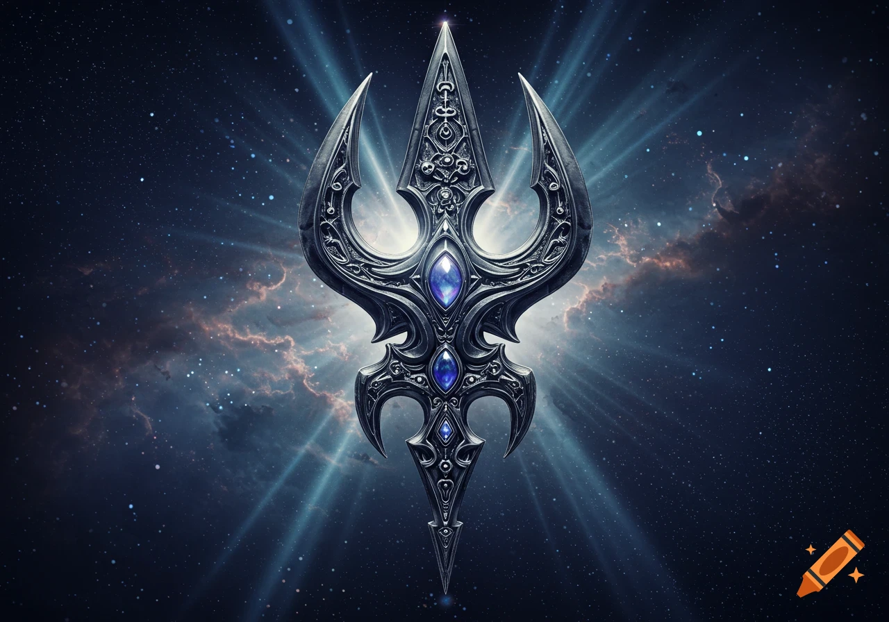 An ornate, dark metallic trident with glowing blue gems against a starry cosmic background with bright light rays.
