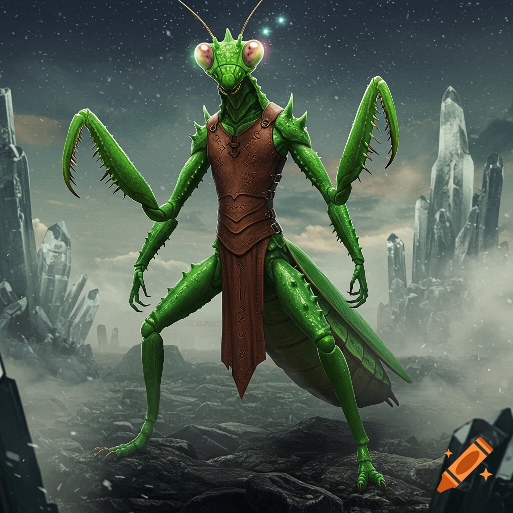 A detailed anthropomorphic praying mantis warrior in brown leather armor stands on a rocky, misty alien landscape with large crystals under a star-filled sky.