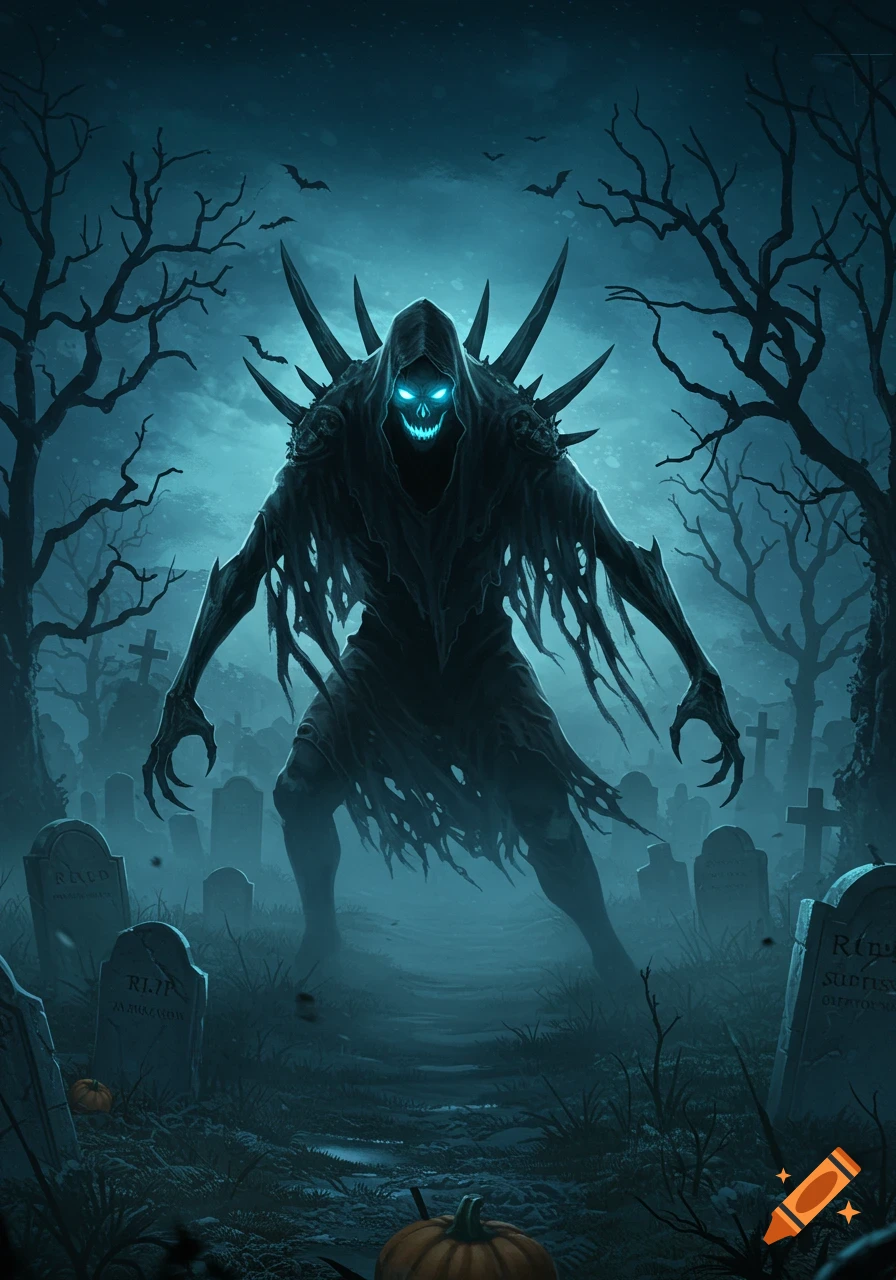 A dark, hooded monster with glowing blue eyes and sharp spikes stands in a foggy graveyard at night, with bare trees and pumpkins.