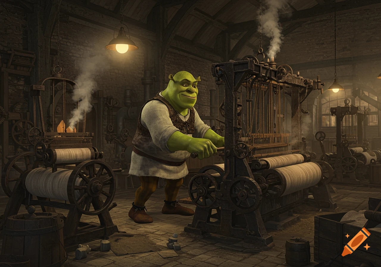 Shrek in a dark, detailed Victorian factory, operating large industrial weaving machinery, surrounded by steam.