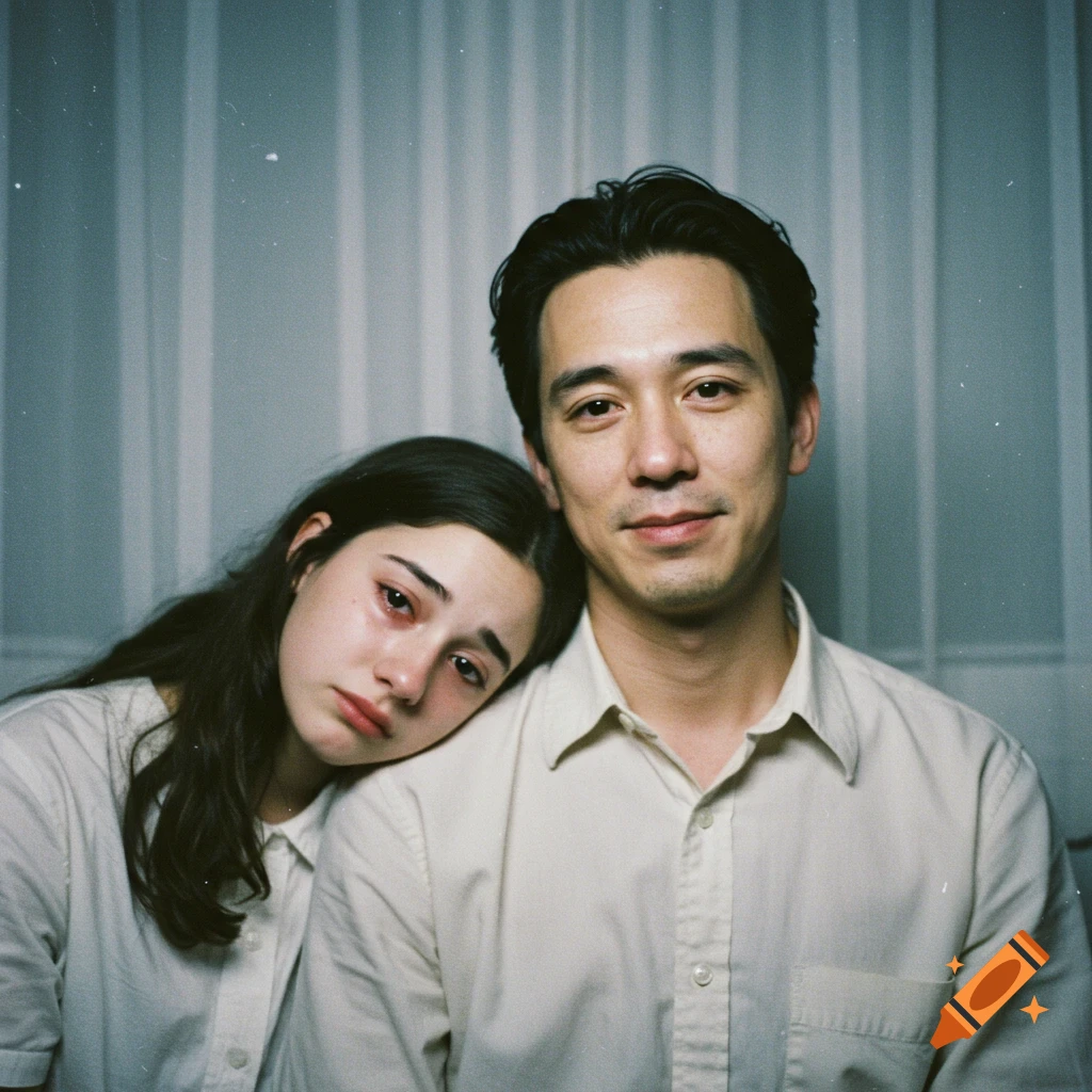 A sad woman with teary eyes rests her head on a gently smiling man's shoulder, in a grainy, film-style portrait against a striped curtain.