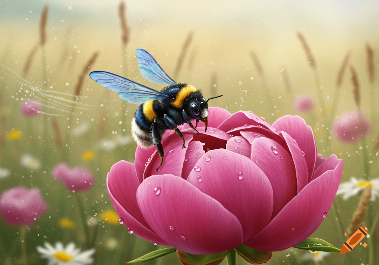 A fluffy bumblebee with blue wings rests on a vibrant pink flower covered in water droplets in a sunny field.