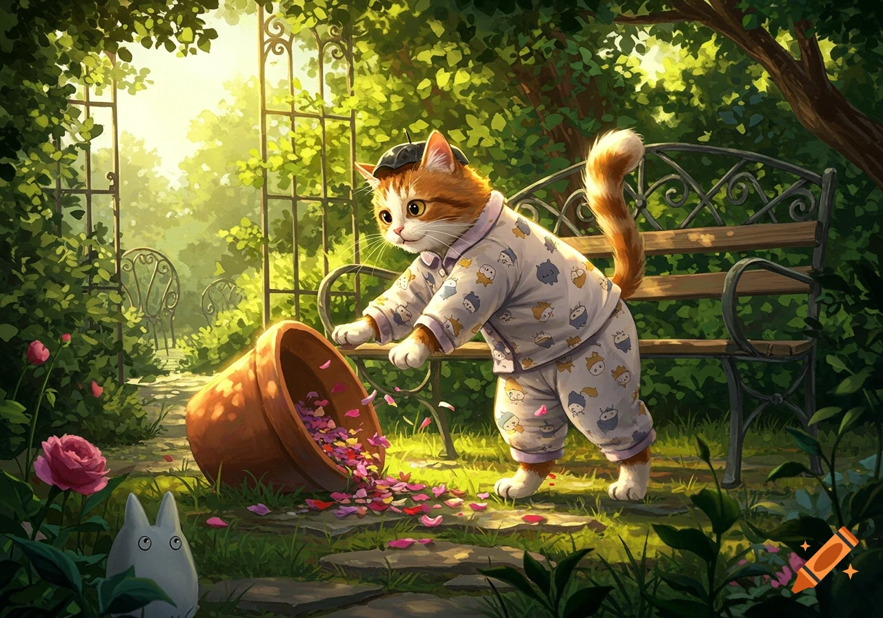 A cute orange and white cat in Totoro-patterned pajamas tips over a flower pot, spilling pink petals in a lush, sunlit garden. A small white Totoro watches from the foreground.