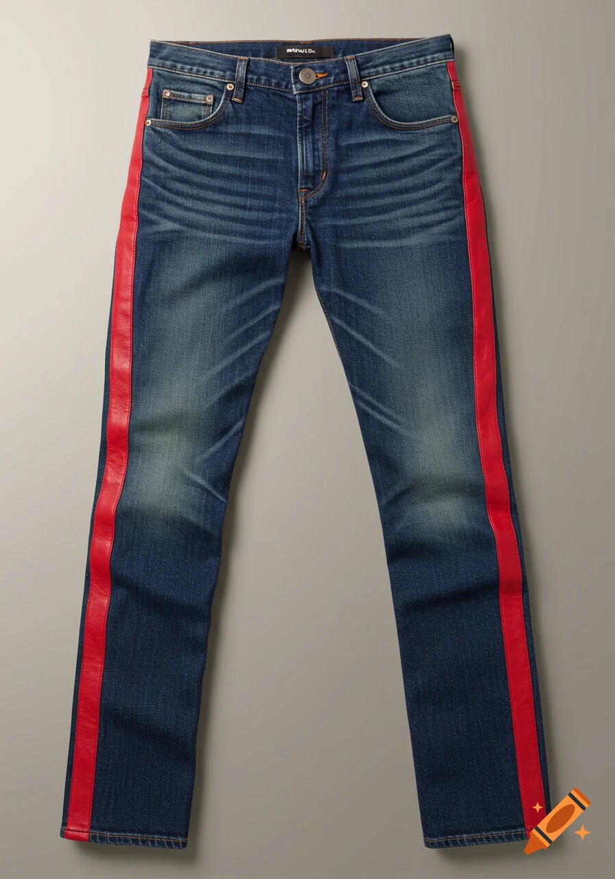 Blue denim jeans with prominent red leather strips running down each side, laid flat on a grey background.