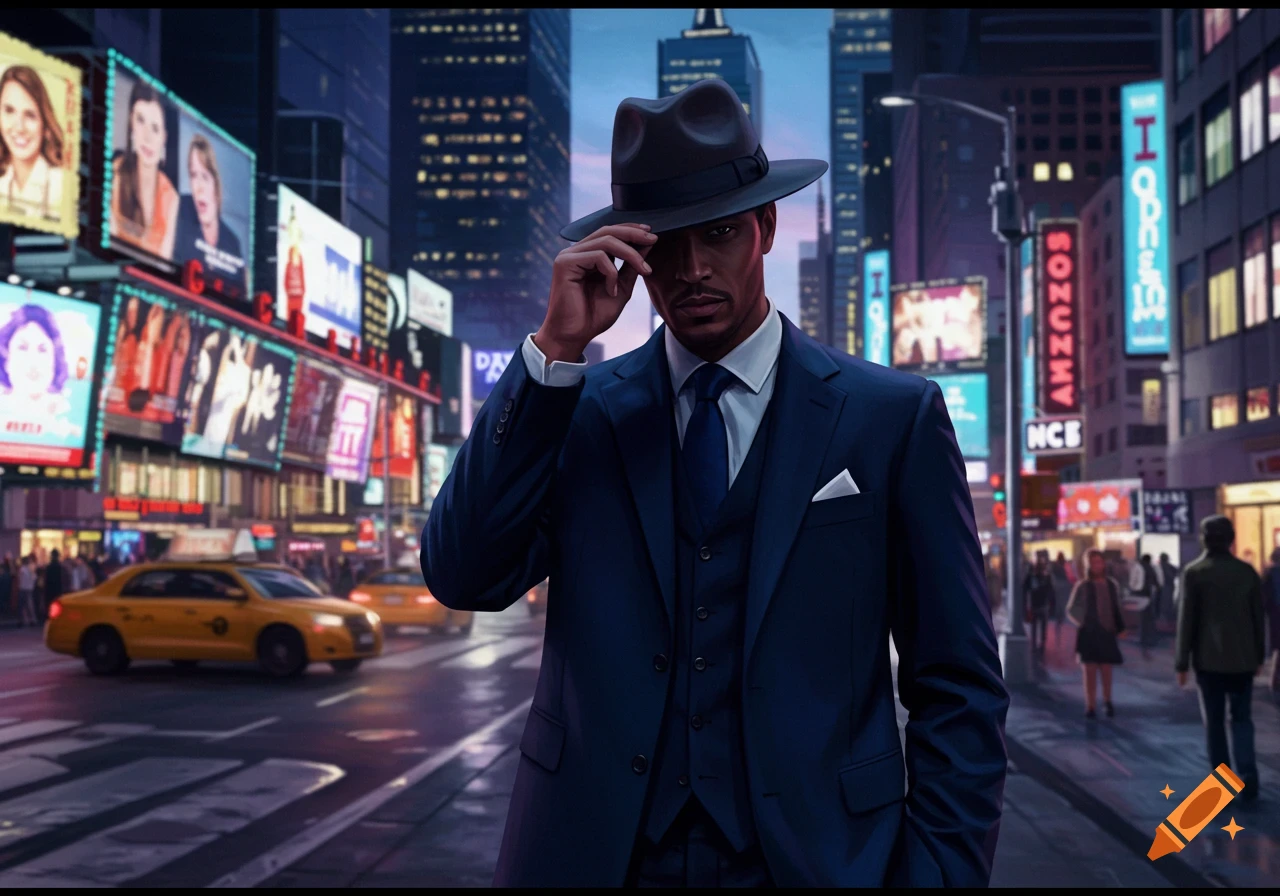 An illustrated man in a dark suit and fedora tipping his hat in a busy city street with illuminated billboards and yellow cabs.