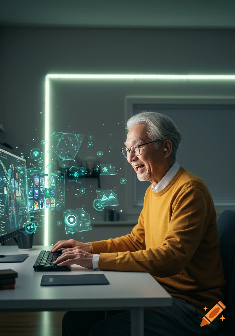 Elderly Asian man with glasses smiling while using a computer with holographic technological symbols floating around him in a dimly lit room, photorealistic.