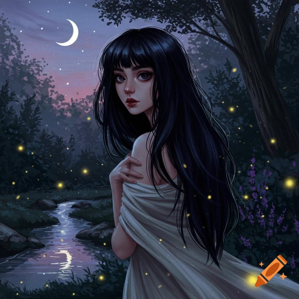 A girl with long dark hair in a white flowing gown looks over her shoulder in a moonlit fantasy forest with fireflies and a stream.