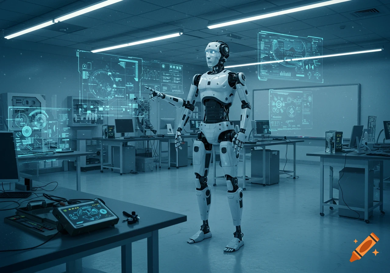 A white and black robot stands in a futuristic blue-toned technology lab, pointing at holographic displays filled with data.