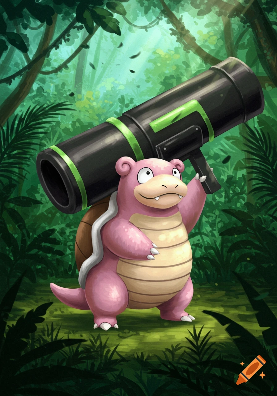 A cartoon pink Slowbro holding a large black and green bazooka in a lush jungle.