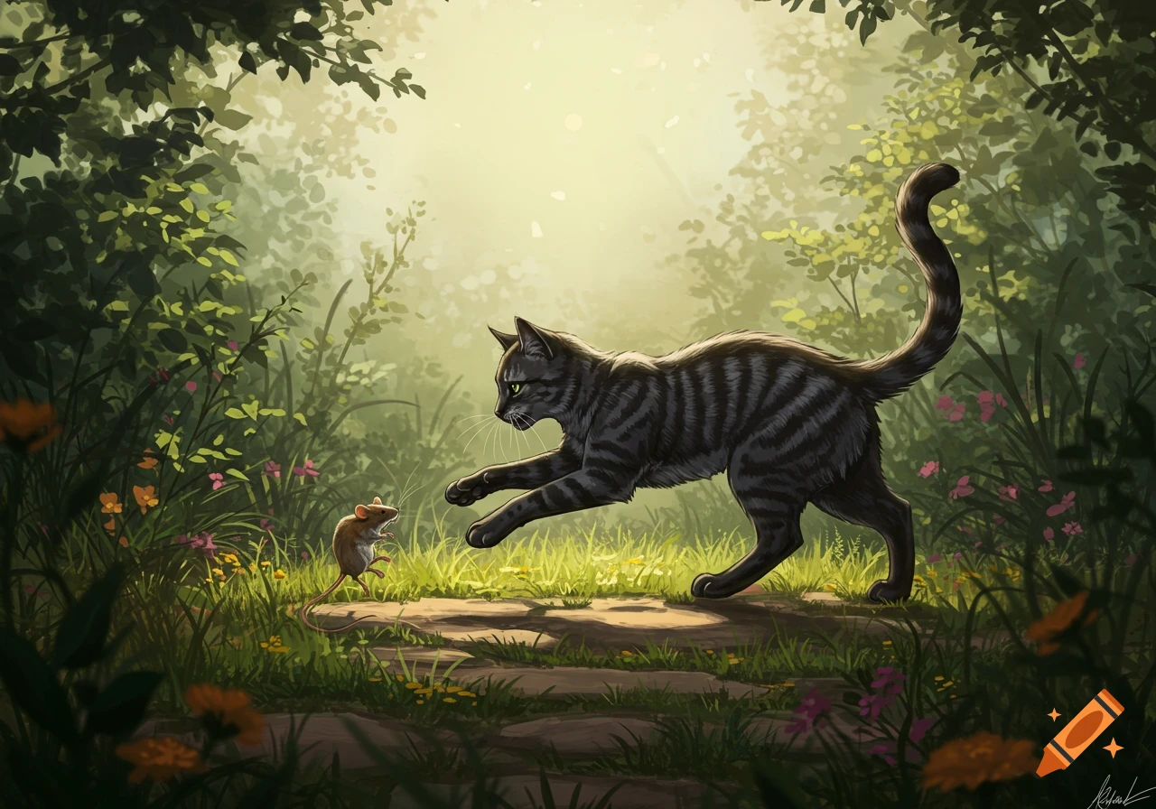 A striped tabby cat stalks a small brown mouse in a sun-dappled green forest.