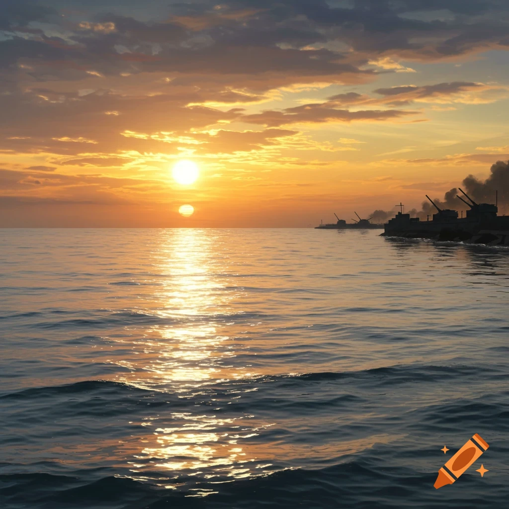 Photorealistic sunset over a vast ocean, with golden sun reflecting on waves and military ships on the distant horizon.