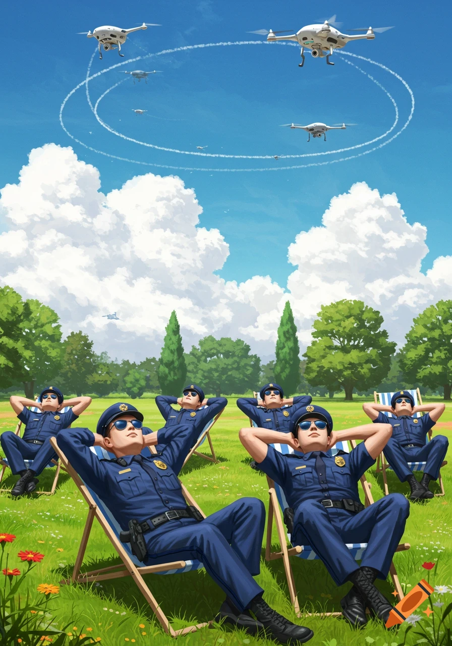 Illustrated police officers in uniform relax in beach chairs in a park, looking up at several white drones flying in a sunny blue sky with clouds.