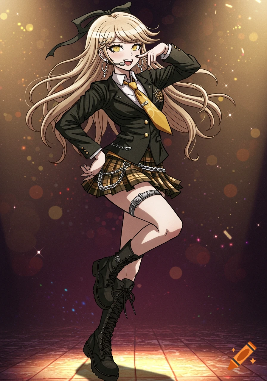 A blonde anime girl in a school blazer and plaid skirt, wearing a headset mic and combat boots, poses on a stage with golden lights.