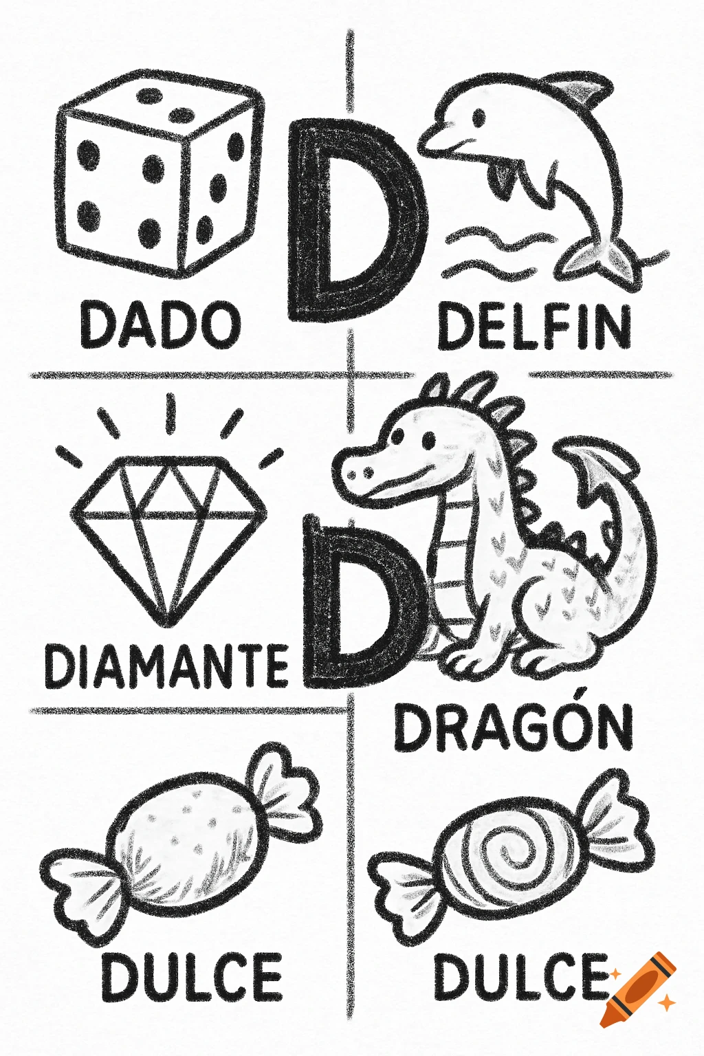 A black and white crayon-style educational chart for the letter 'D' showing a dice, dolphin, diamond, dragon, and candy with their Spanish names.