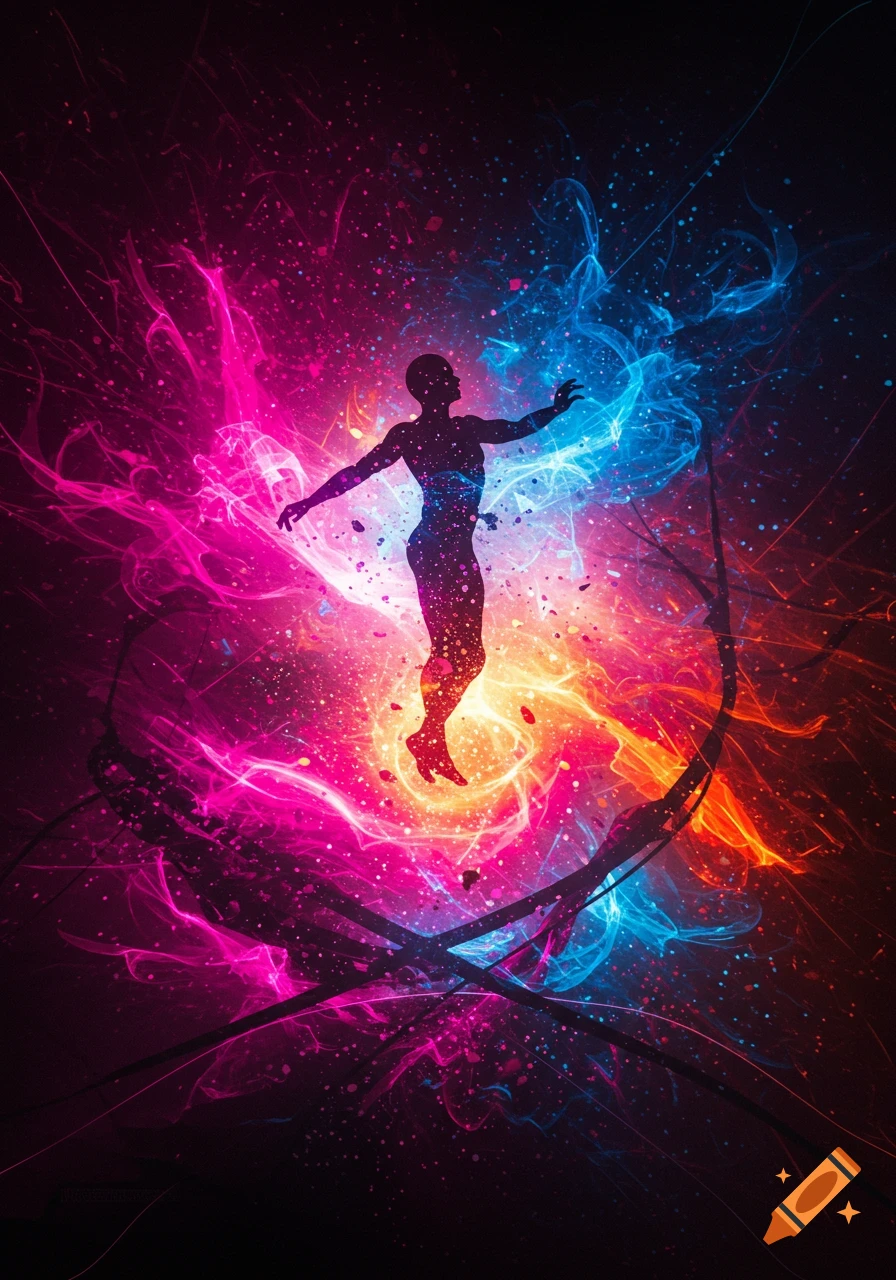 Silhouette of a person floating amidst swirling pink, blue, and orange cosmic energy with sparkling particles.