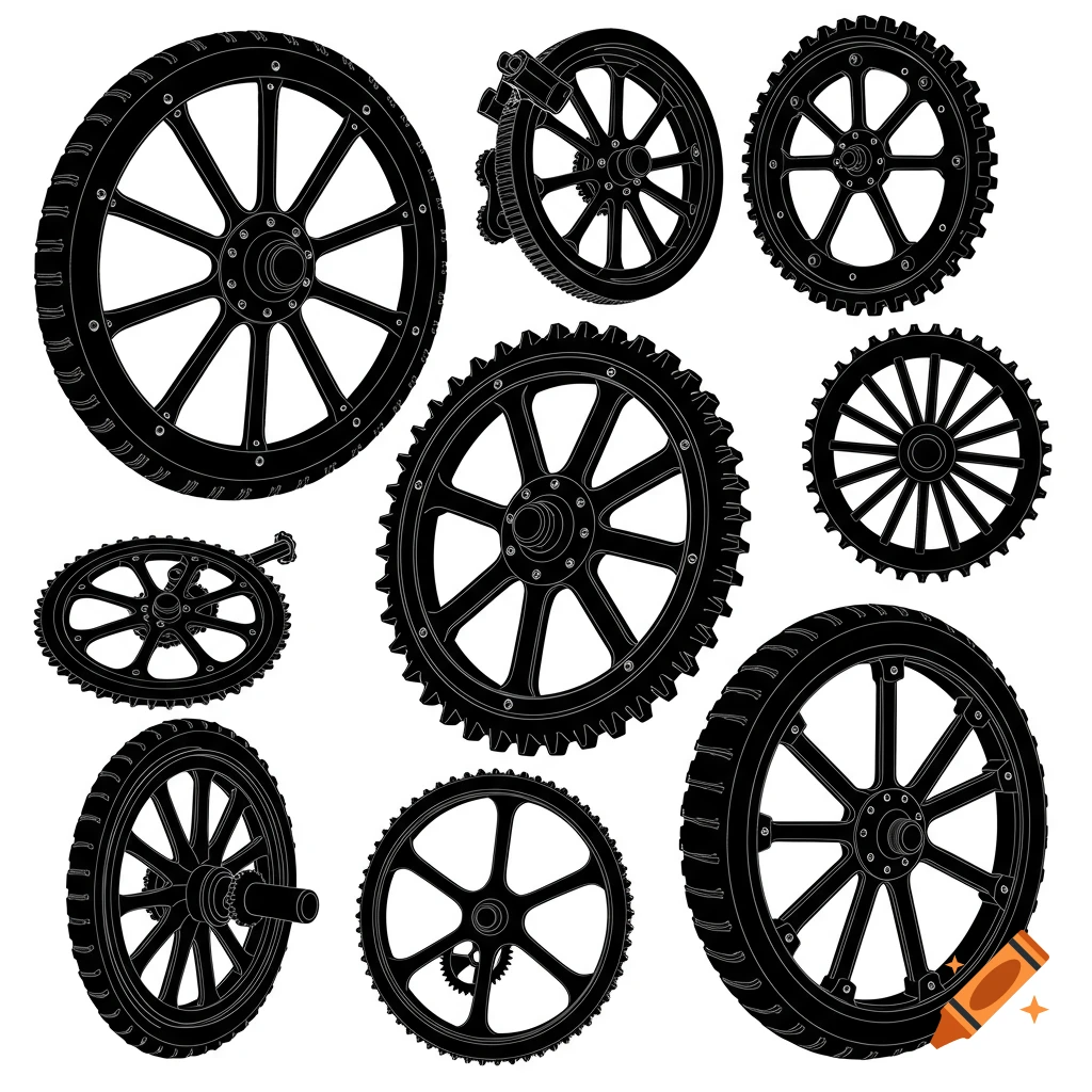 A collection of 2D black silhouette illustrations of various gears and spoked wheels on a white background.