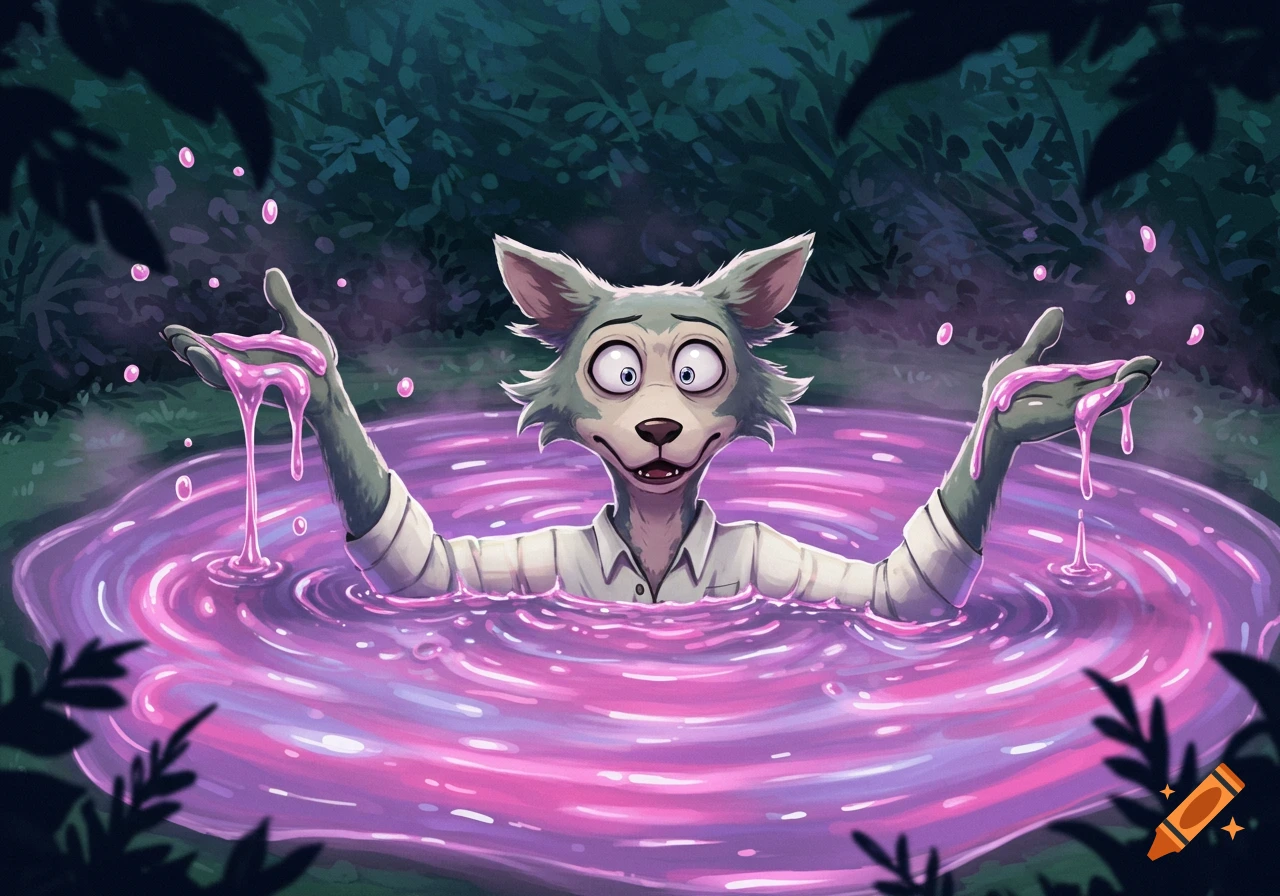 A wide-eyed, grey wolf-like furry character from Beastars stands in a swirling pool of pink goo, holding up gooey hands, against a dark jungle background in a cartoon style.