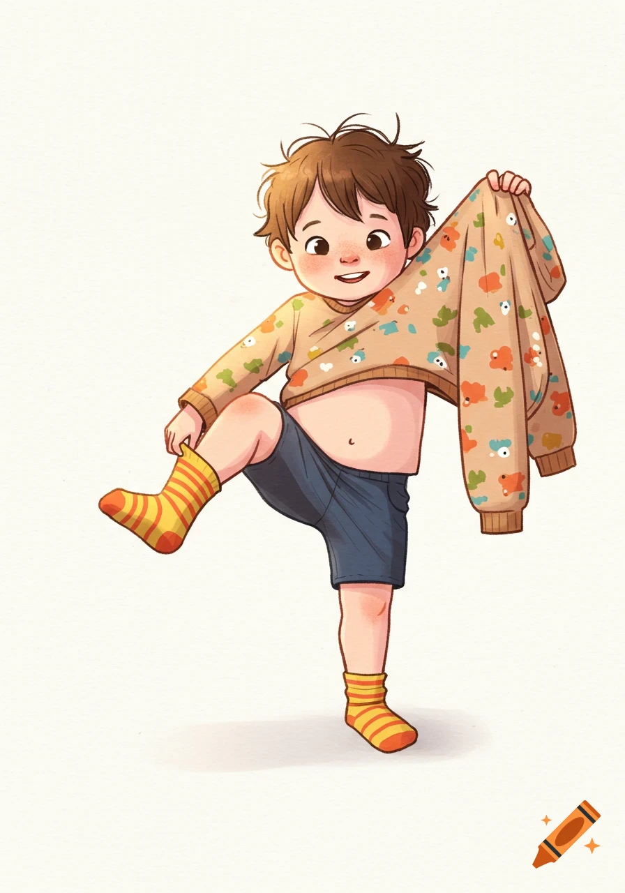 A smiling cartoon child on a white background, wearing shorts and striped socks, pulling on a patterned sweater.