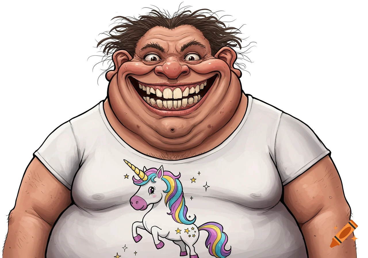 A grotesquely ugly, grinning cartoon fat man with messy hair wears a white t-shirt featuring a colorful unicorn and stars.