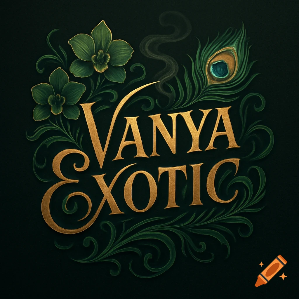 Gold text 'VANYA EXOTIC' as a logo, framed by ornate green orchids, leaves, and a peacock feather on a dark background.