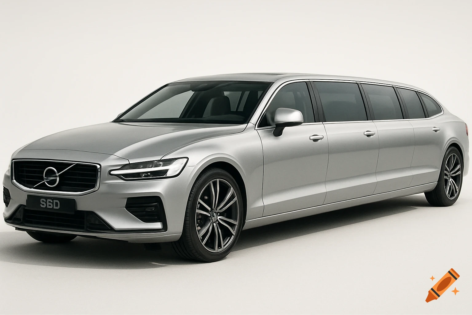 A photorealistic silver Volvo S60 limousine with custom wheels, parked slightly angled to the right on a white background.