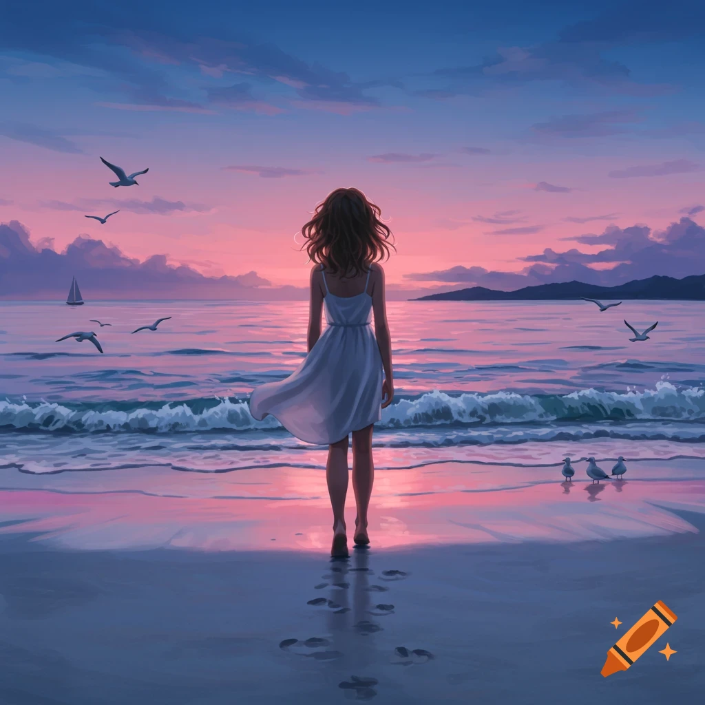 Digital illustration of a woman in a white dress standing on a beach at sunset, facing the ocean, with seagulls and a sailboat in the distance.
