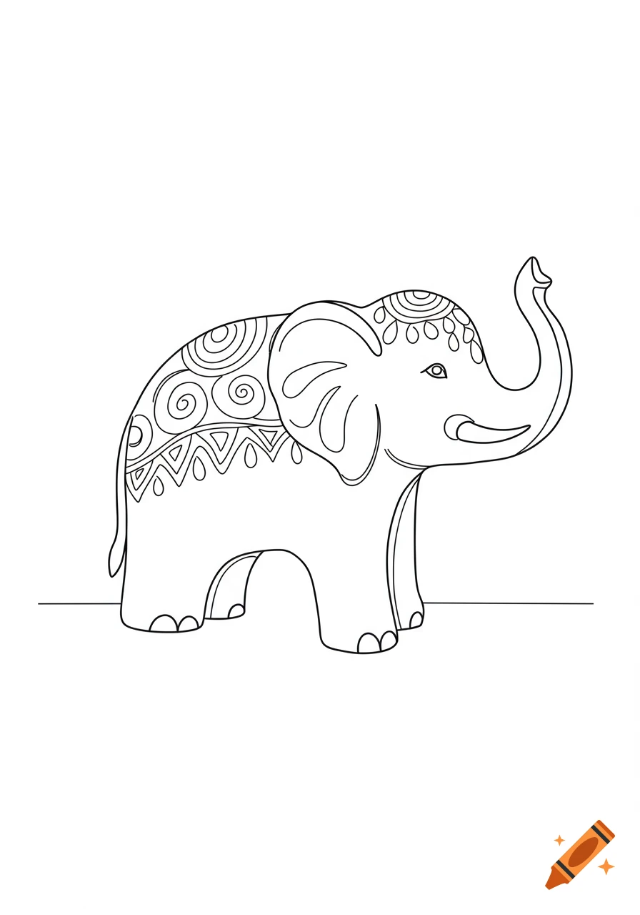 A simple black and white line art drawing of an elephant figurine with minimal decorations, suitable for coloring.
