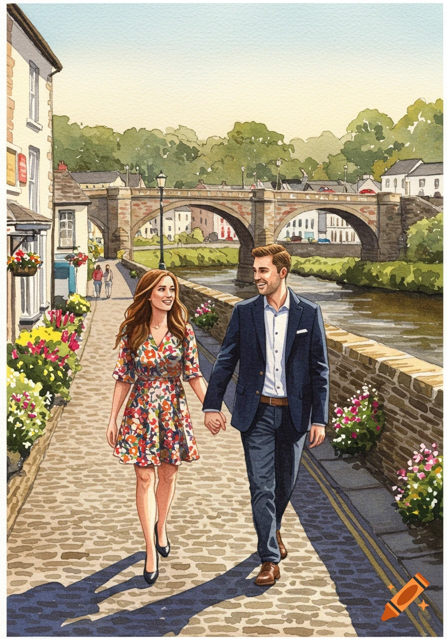 Watercolor painting of a smiling couple holding hands, walking on a cobblestone path by a river with an arched stone bridge.