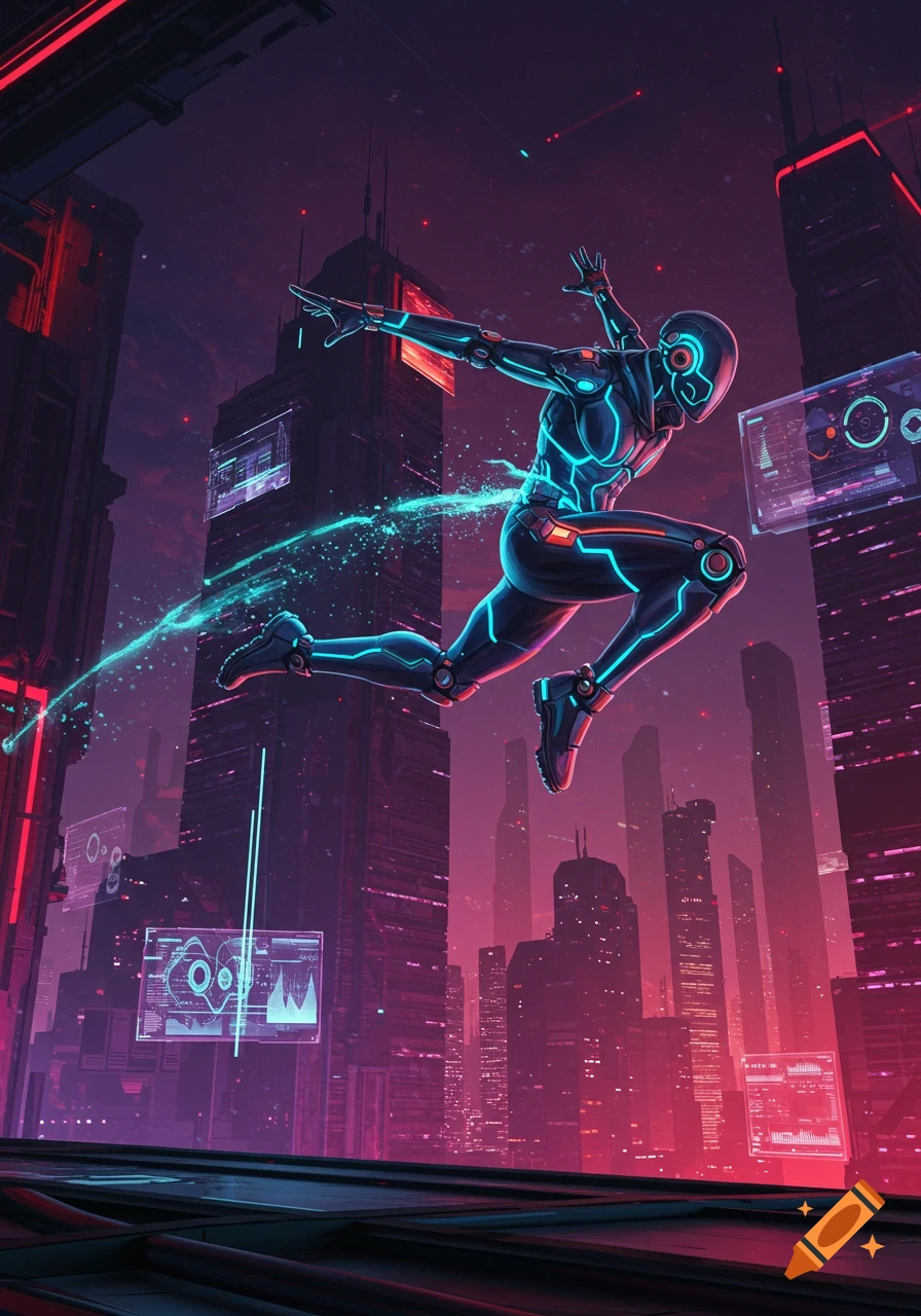 A futuristic figure in a glowing suit leaps across a neon-lit cyberpunk city at night, leaving a trail of light.