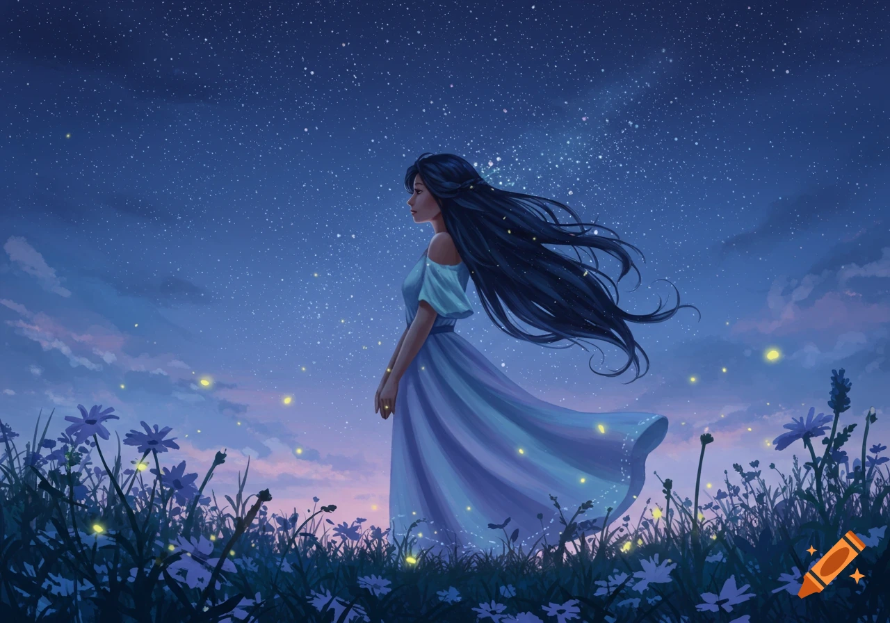 A woman with long dark hair in a flowing blue dress stands in a field of flowers under a starry night sky with fireflies. Digital art.