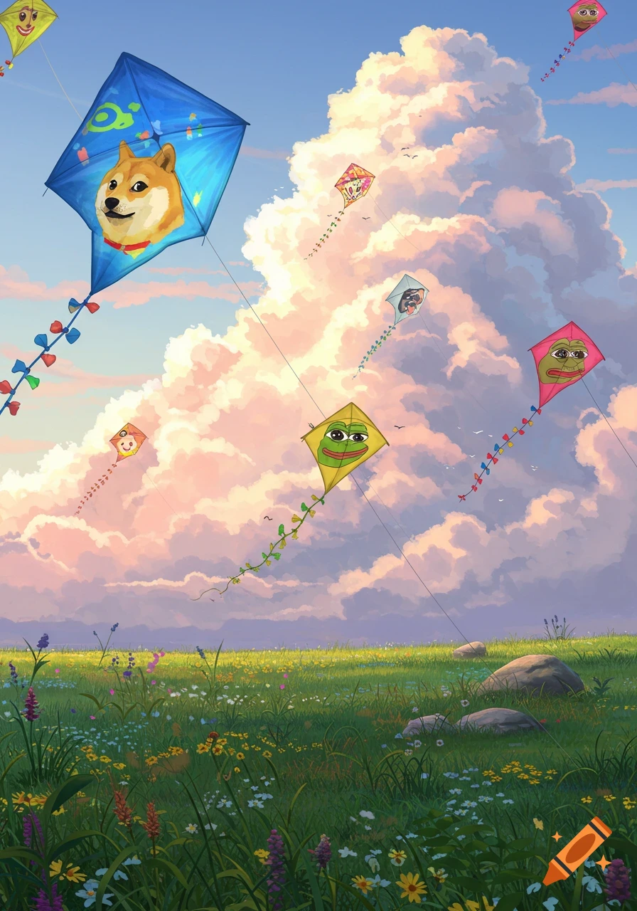 Colorful kites with Doge, Pepe, and other meme faces fly over a green field of wildflowers under a pastel sky with fluffy clouds.