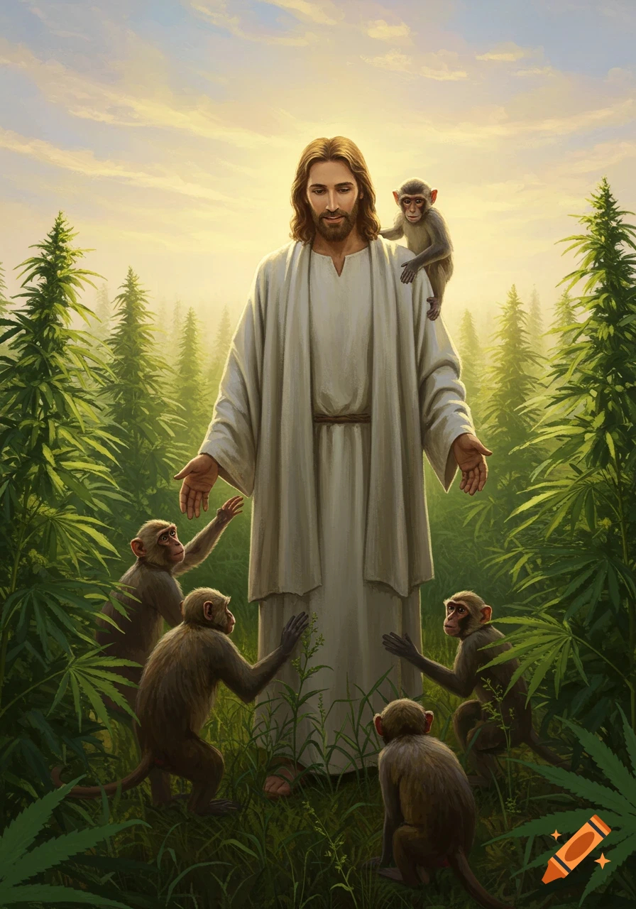Jesus standing in a field of cannabis plants with several rhesus macaques around him, one on his shoulder, in a digital painting.