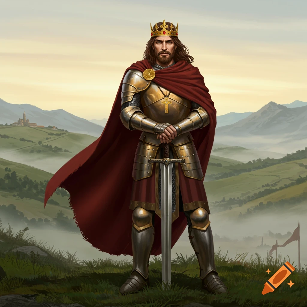 A bearded king in golden armor and a red cape holds a sword, standing on a grassy hill with a misty valley and castle behind him.