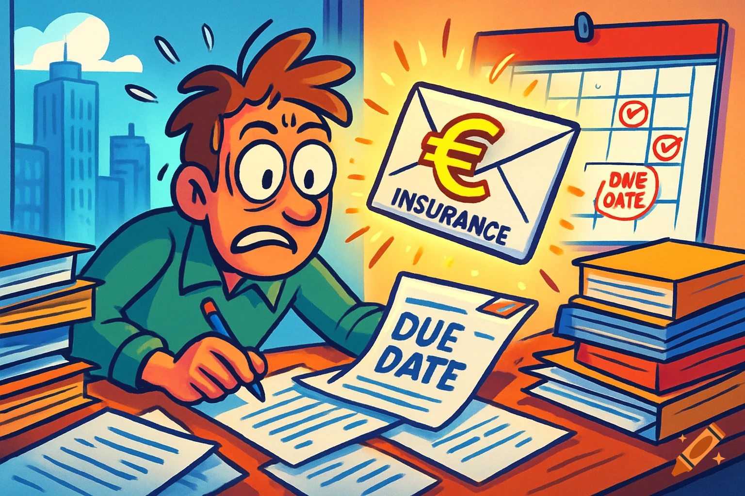 A stressed cartoon man sits at a desk, surrounded by papers, looking at a glowing insurance letter and a calendar.